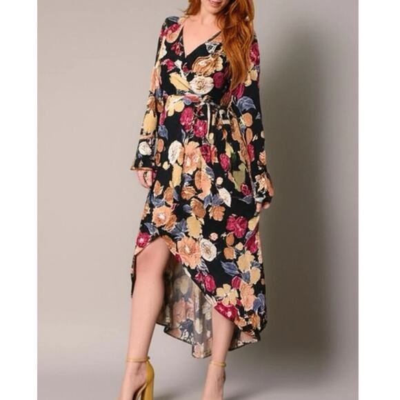 Band of the Free Boho Floral Stevie Nicks Hi-Lo Wrap Maxi Dress Long Sleeve M - Picture 1 of 5